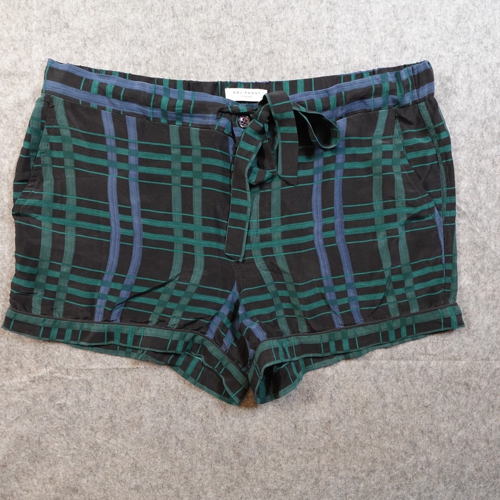 Equipment Shorts Womens Medium Silk Plaid Black Green Blue 3" Inseam Tie Waist